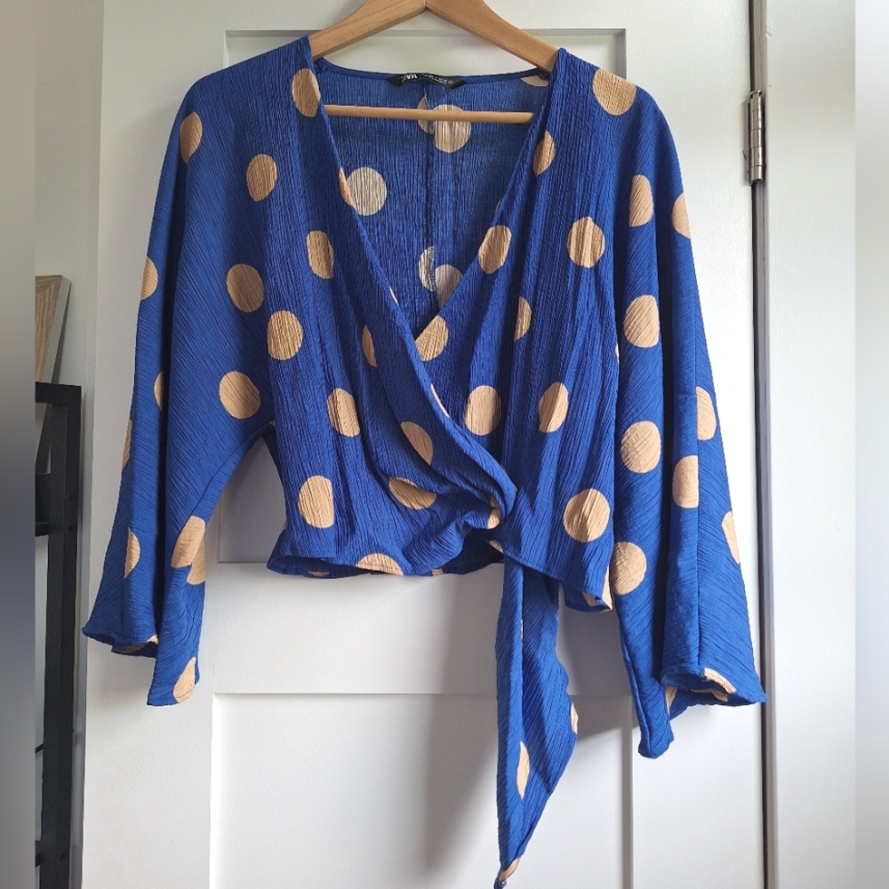 Blue Polka Dot Wrap Blouse
